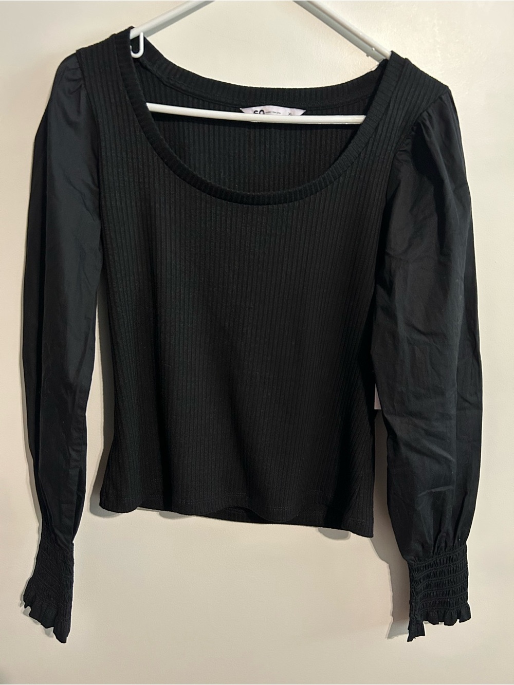 SO Black Puff-Sleeve Ribbed Long Sleeve Top